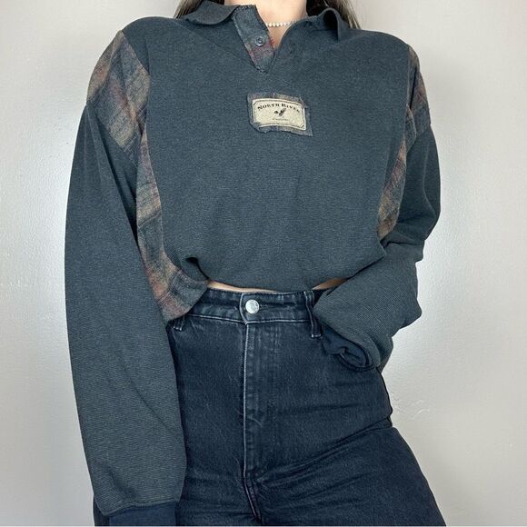 Reworked North River Flannel Sweater Western Gray Cozy Relaxed Sweater Shirt - Picture 4 of 6